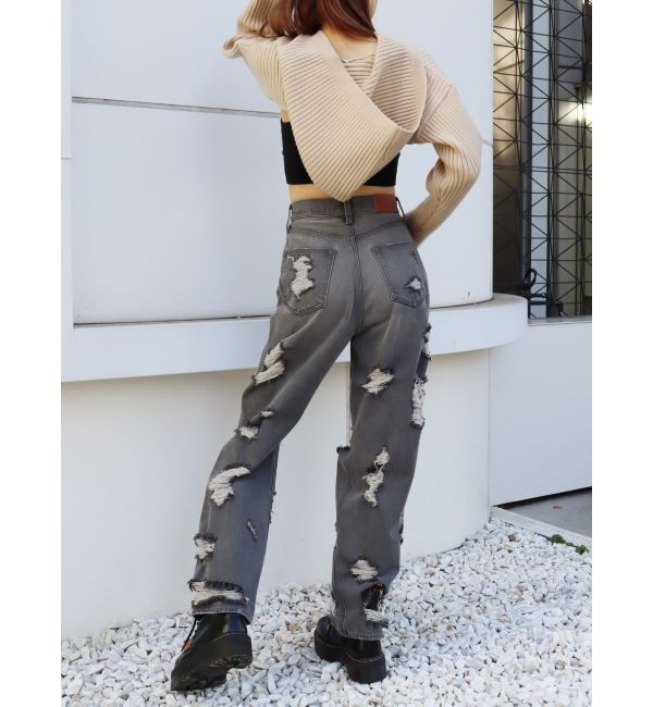 EVRIS「ハイダメージワイドデニムパンツ」|デニム|