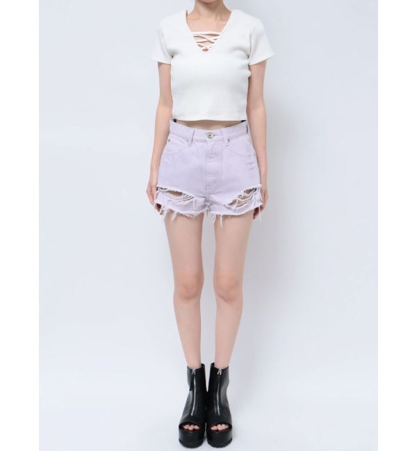 GYDA「BACK RIPPEDカラーデニムショートパンツ」|デニム|