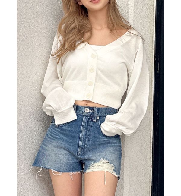 GYDA「ハイウエスト LEFT HEM ダメージデニム ショートパンツ」|デニム|ブルー