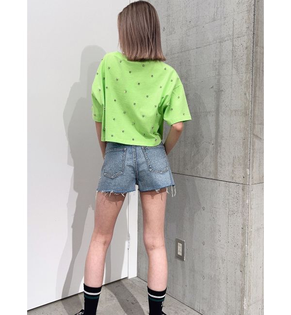 GYDA「ハイウエスト LEFT HEM ダメージデニム ショートパンツ」|デニム|