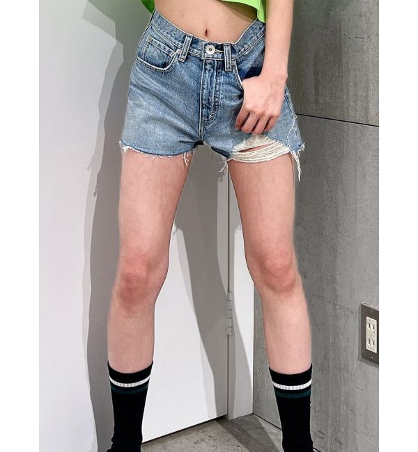 GYDA「ハイウエスト LEFT HEM ダメージデニム ショートパンツ」|デニム|