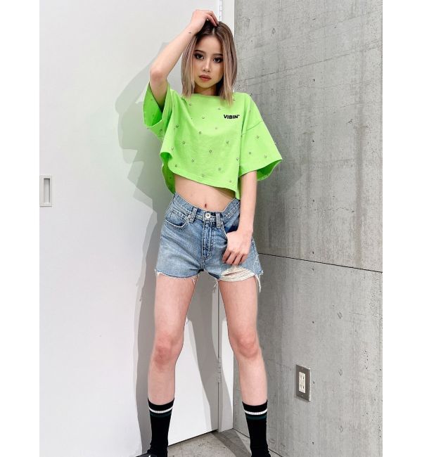 GYDA「ハイウエスト LEFT HEM ダメージデニム ショートパンツ」|デニム|