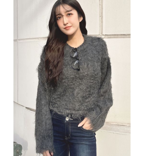 GYDA「モヘアタッチシャギーショートニットトップス【WEB限定】」|ニット・セーター|チャコールグレー