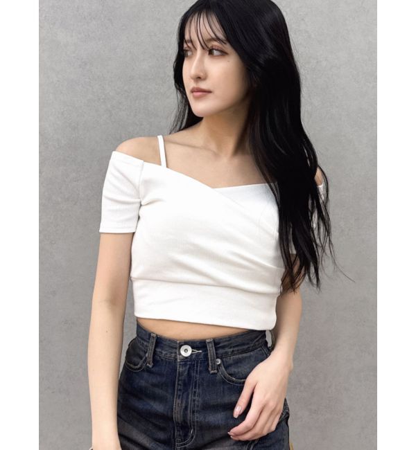 GYDA「ハーフスリーブカシュクールオフショルショートトップス」|Tシャツ・カットソー|オフホワイト