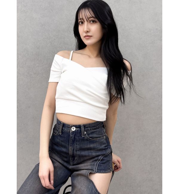 GYDA「ハーフスリーブカシュクールオフショルショートトップス」|Tシャツ・カットソー|