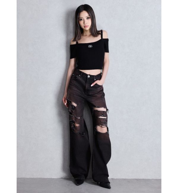 GYDA「ハイウエスト tear up damageストレートワイドデニムパンツ」|デニム|