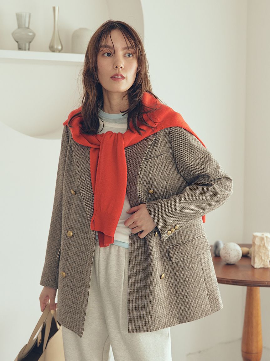 Mila Owen「チェック金釦ダブルブレストロングブレザー」|テーラードジャケット|