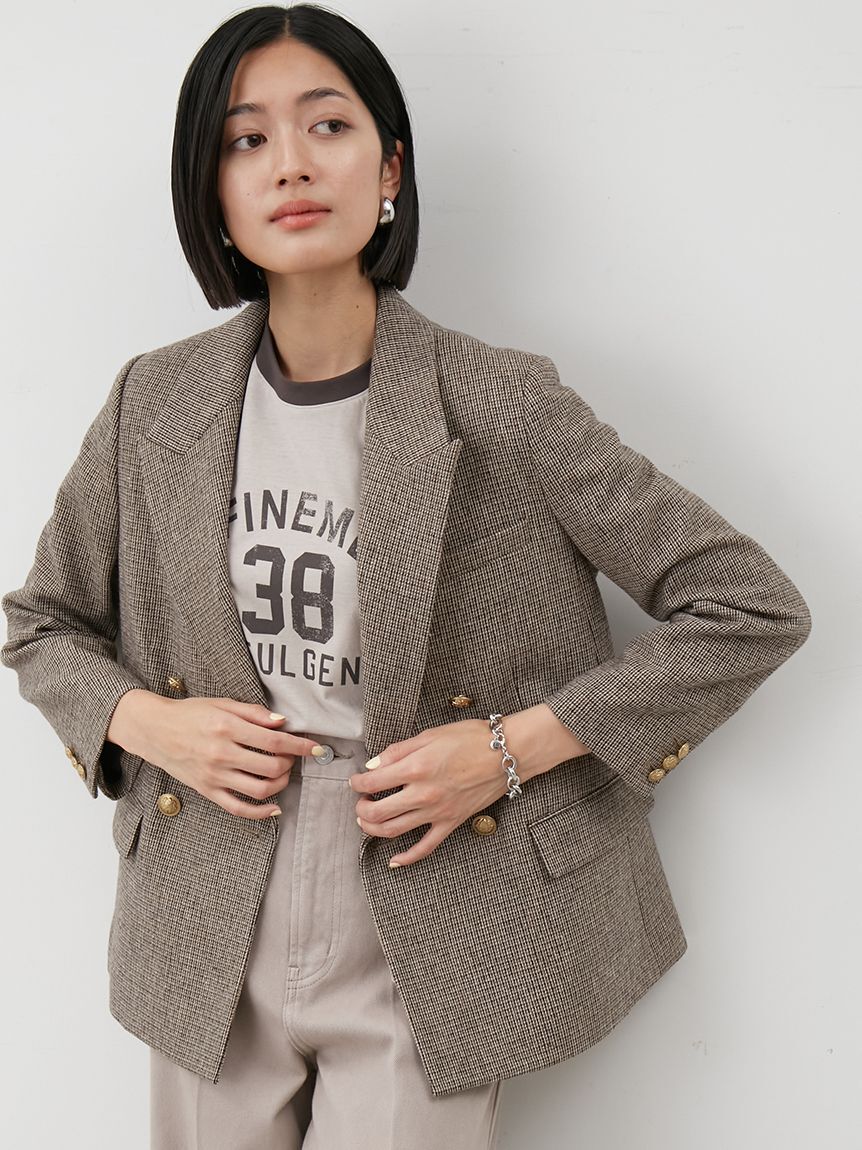 Mila Owen「チェック金釦ダブルブレストブレザー」|テーラードジャケット|