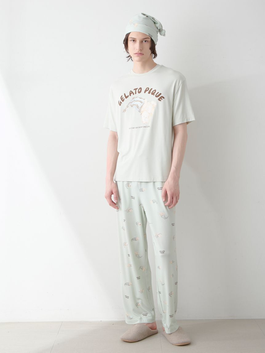 GELATO PIQUE HOMME「【ONLINE限定】【HOMME】sleeping cat ワンポイントTシャツ＆総柄ロングパンツセット」|ルームウェア|