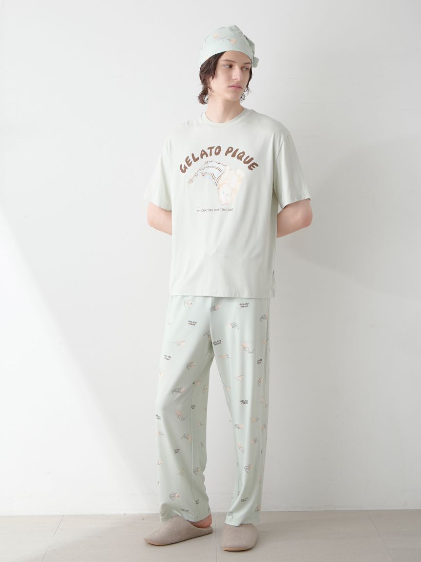 GELATO PIQUE HOMME「【ONLINE限定】【HOMME】sleeping cat ワンポイントTシャツ＆総柄ロングパンツセット」|ルームウェア|