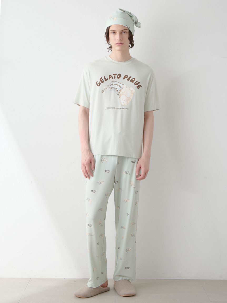 GELATO PIQUE HOMME「【ONLINE限定】【HOMME】sleeping cat ワンポイントTシャツ＆総柄ロングパンツセット」|ルームウェア|