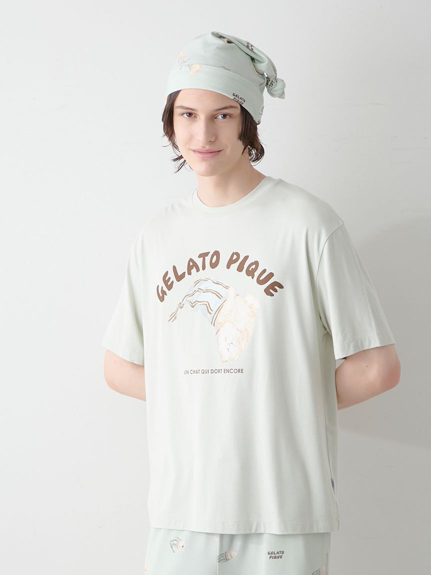 GELATO PIQUE HOMME「【ONLINE限定】【HOMME】sleeping cat ワンポイントTシャツ＆総柄ロングパンツセット」|ルームウェア|
