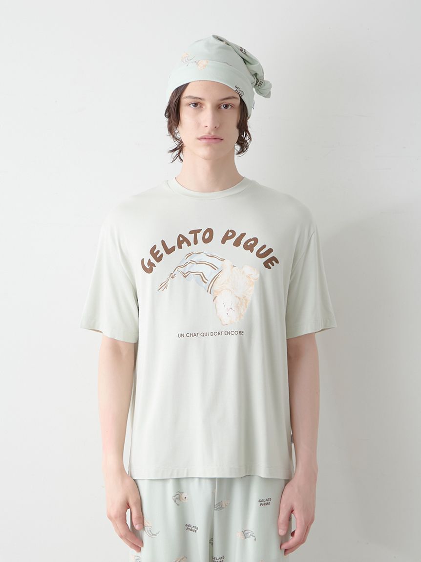 GELATO PIQUE HOMME「【ONLINE限定】【HOMME】sleeping cat ワンポイントTシャツ＆総柄ロングパンツセット」|ルームウェア|