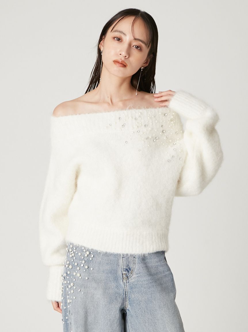 FRAY I.D「アルパカシャギービジューオフショルニット」|ニット・セーター|