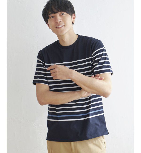 ikka「ボルテックスパネルボーダーＴ」|Tシャツ・カットソー|ネイビー
