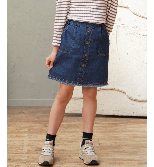 ikka kids「フリンジ前ボタンデニムスカート（120~160cm）」|スカート|ネイビー
