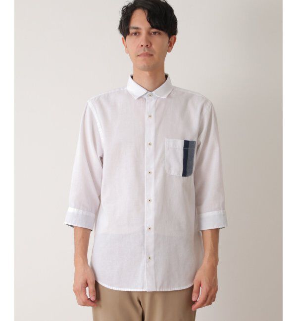 ikka「7分リネン混切り替えポケットシャツ」|シャツ・ブラウス|