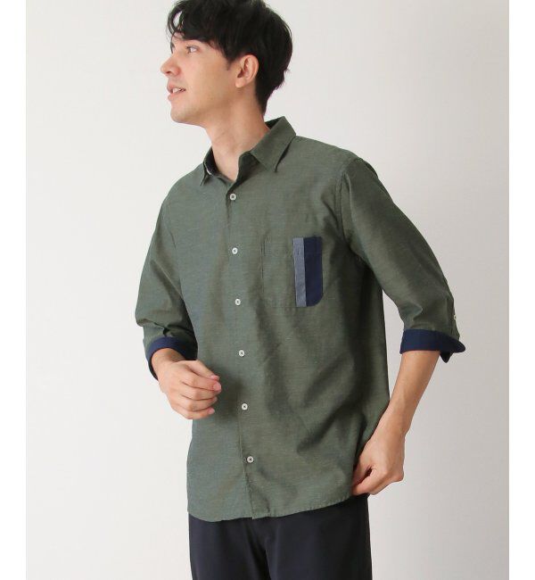 ikka「7分リネン混切り替えポケットシャツ」|シャツ・ブラウス|オリーブ