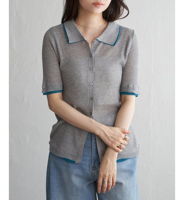 VENCE share style「麻タッチ襟付きカーディガン」|カーディガン|モクグレー
