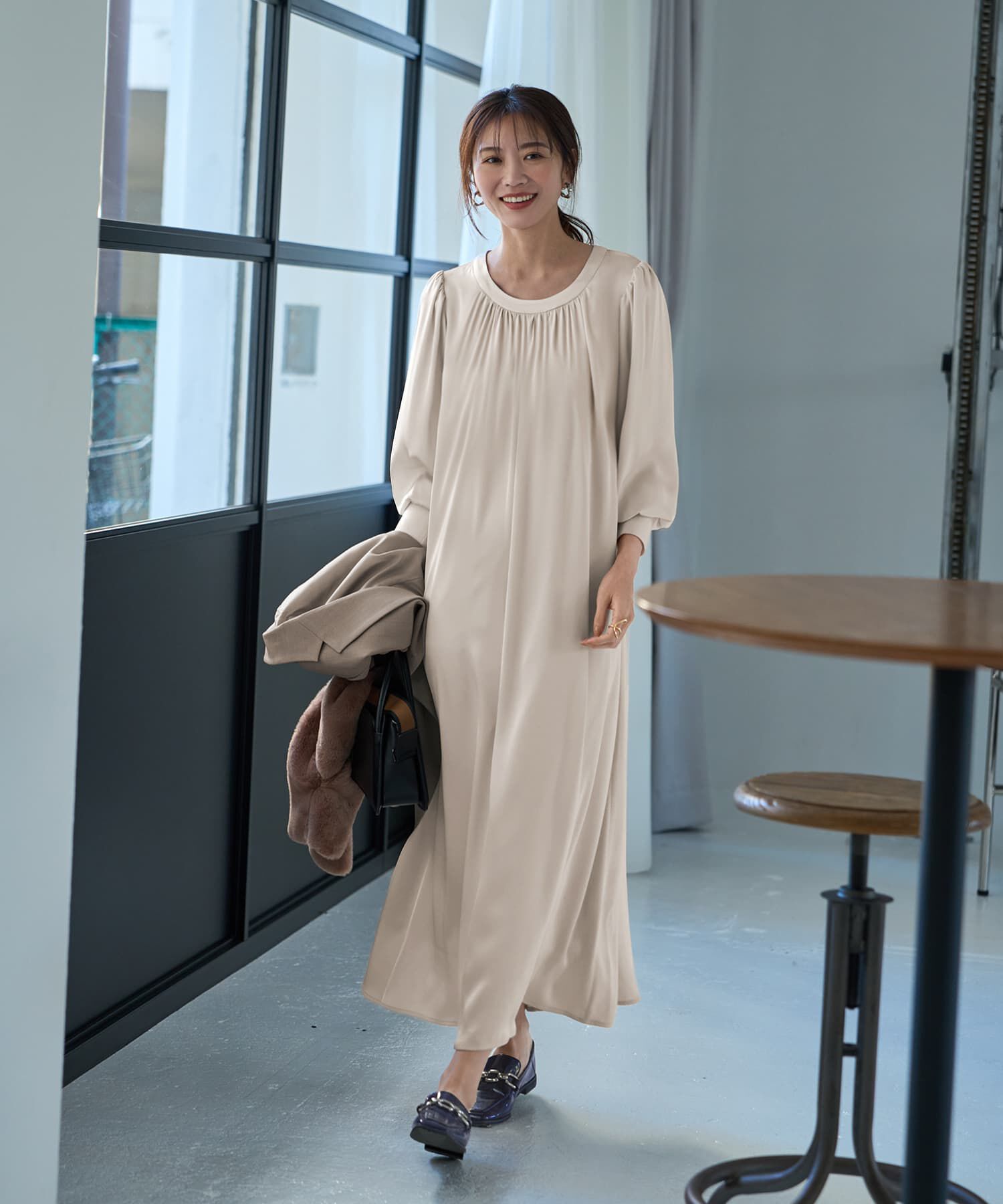 STYLE DELI「【LUXE】ノーブルサテンギャザーワンピース」|ワンピース|