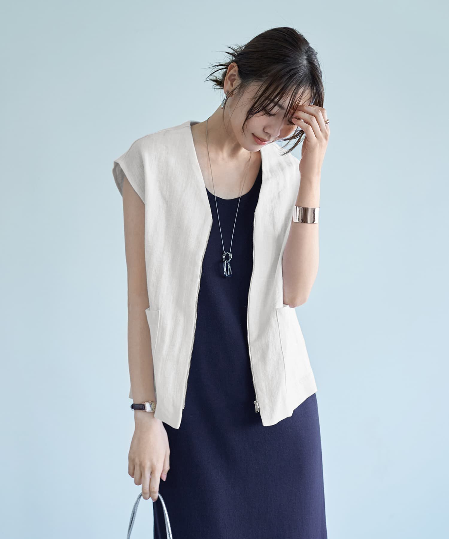 STYLE DELI「麻素材のベスト型サマージャケット」|ノーカラージャケット|ホワイト