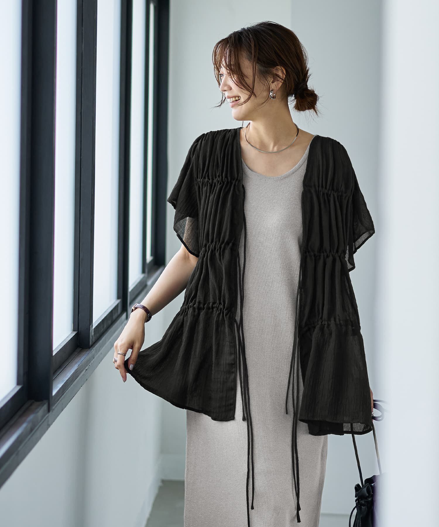 STYLE DELI「ダブルガーゼシフォンのリボン留めチュニックカーディガン」|シャツ・ブラウス|