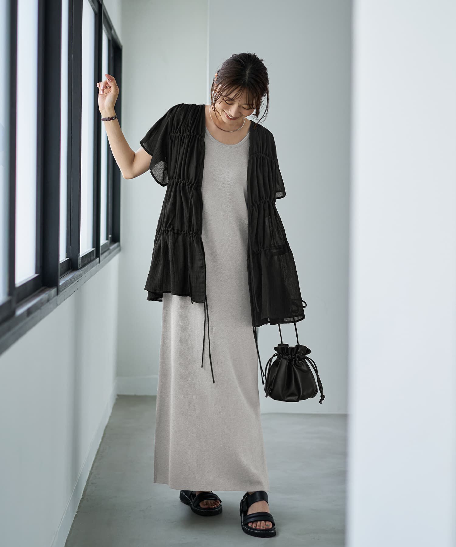 STYLE DELI「ダブルガーゼシフォンのリボン留めチュニックカーディガン」|シャツ・ブラウス|