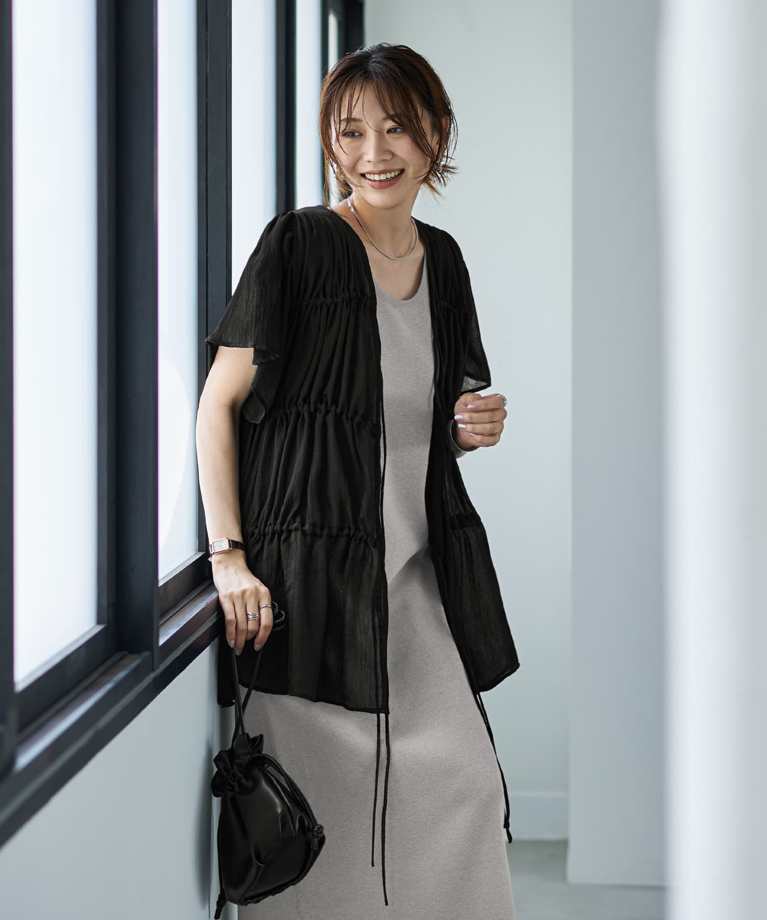 STYLE DELI「ダブルガーゼシフォンのリボン留めチュニックカーディガン」|シャツ・ブラウス|