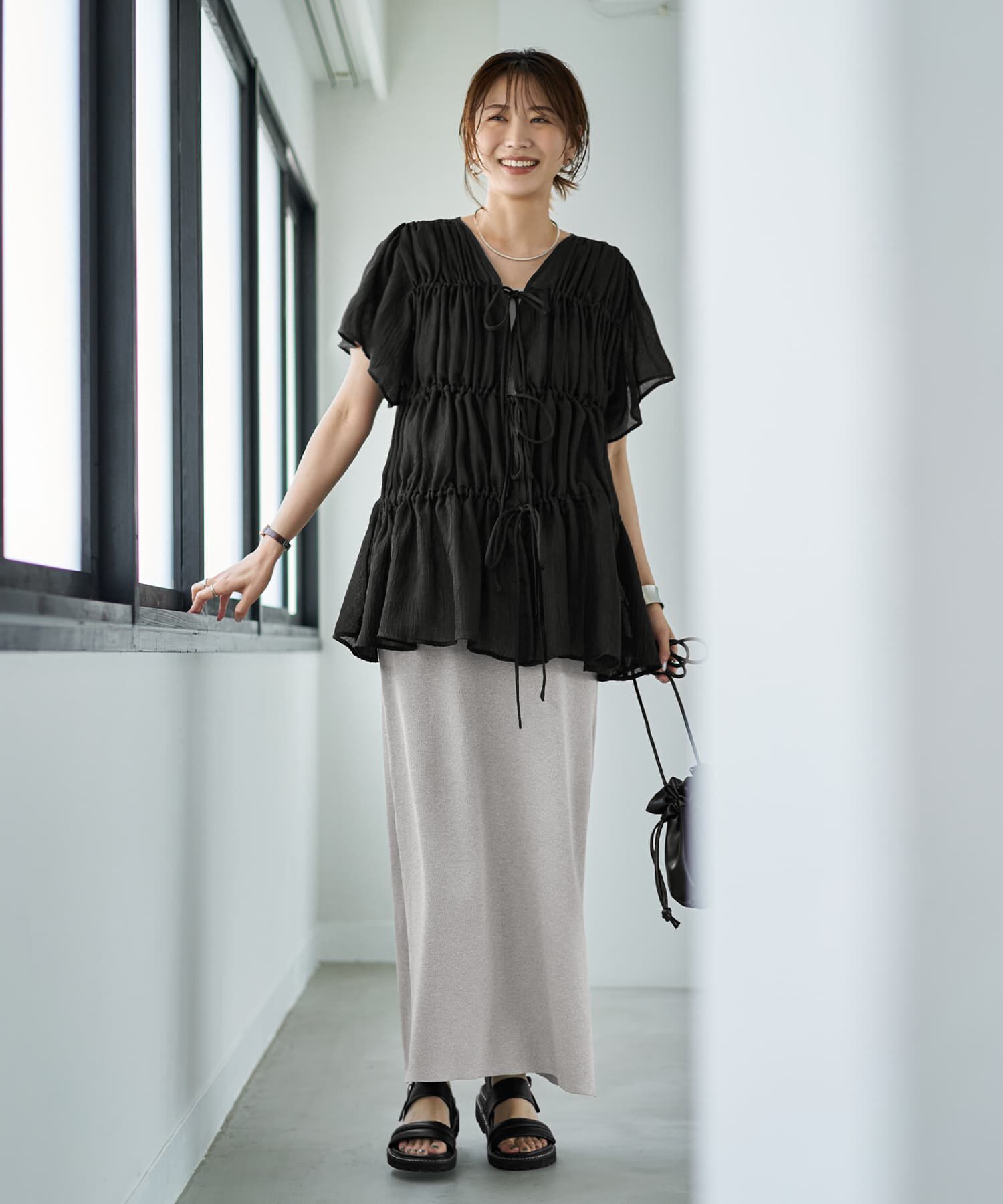 STYLE DELI「ダブルガーゼシフォンのリボン留めチュニックカーディガン」|シャツ・ブラウス|