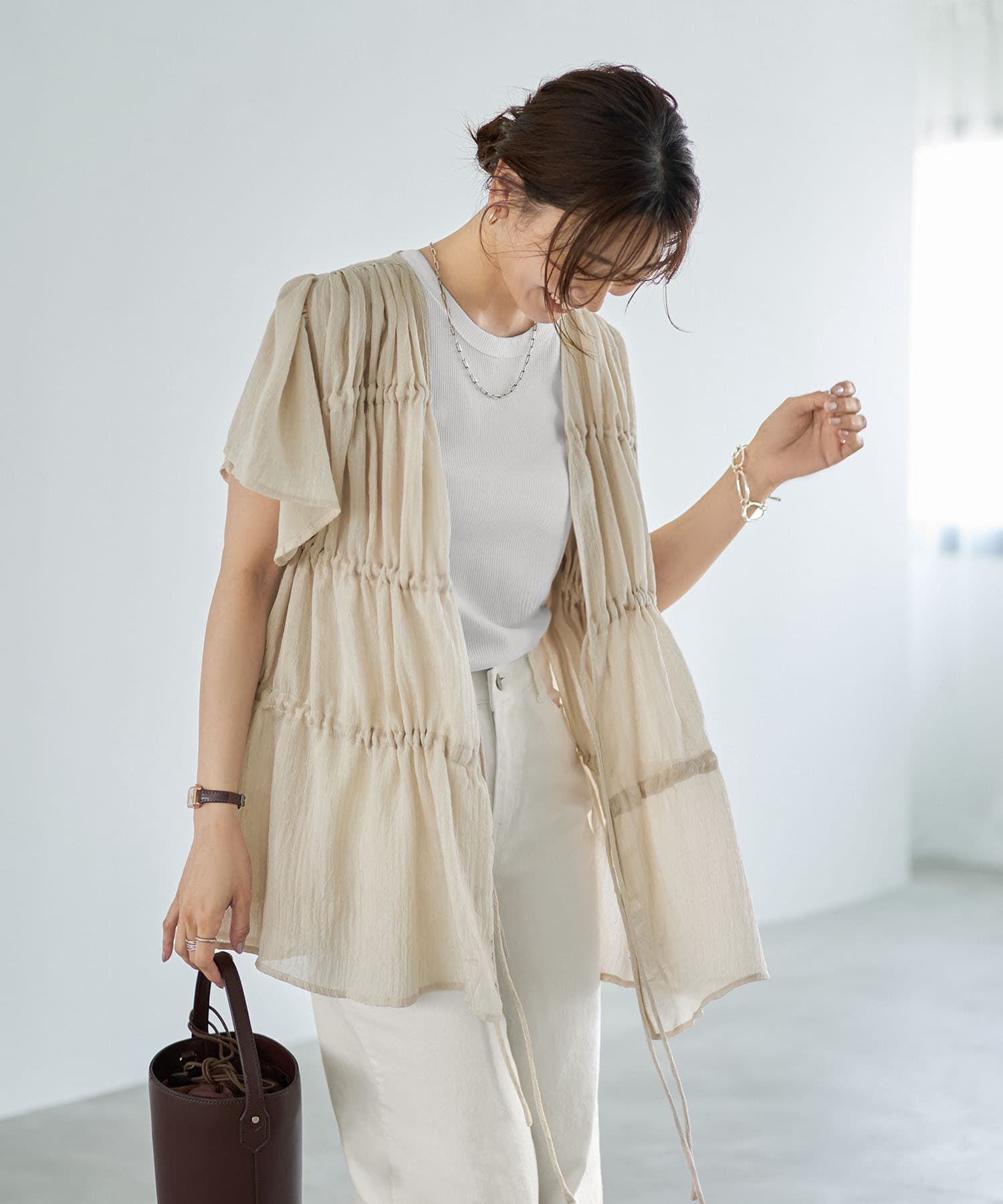 STYLE DELI「ダブルガーゼシフォンのリボン留めチュニックカーディガン」|シャツ・ブラウス|