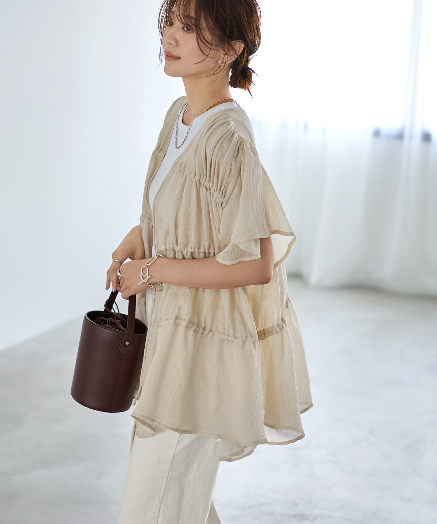 STYLE DELI「ダブルガーゼシフォンのリボン留めチュニックカーディガン」|シャツ・ブラウス|