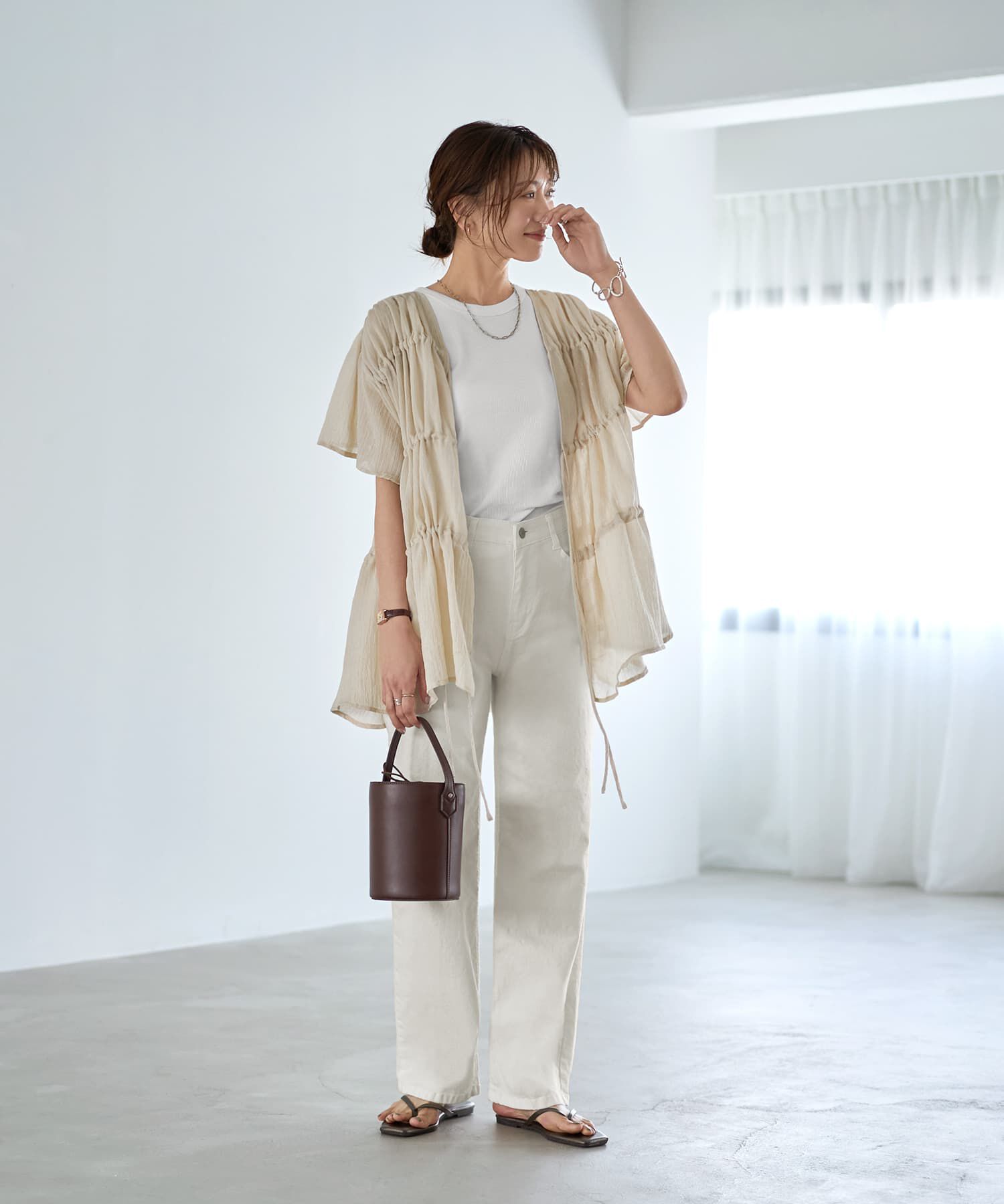 STYLE DELI「ダブルガーゼシフォンのリボン留めチュニックカーディガン」|シャツ・ブラウス|