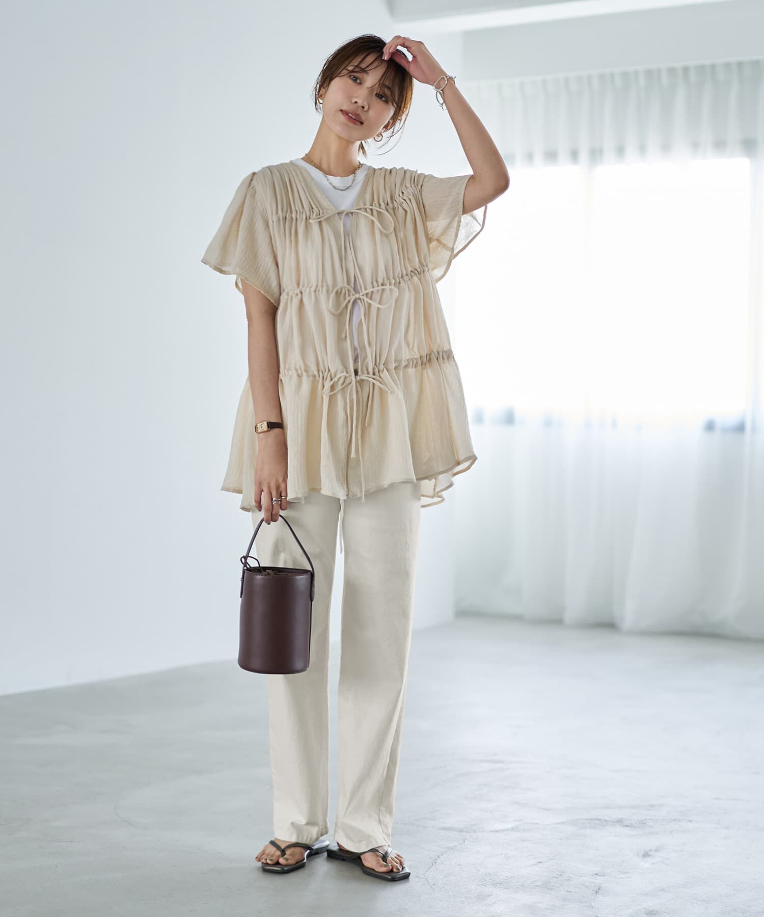 STYLE DELI「ダブルガーゼシフォンのリボン留めチュニックカーディガン」|シャツ・ブラウス|