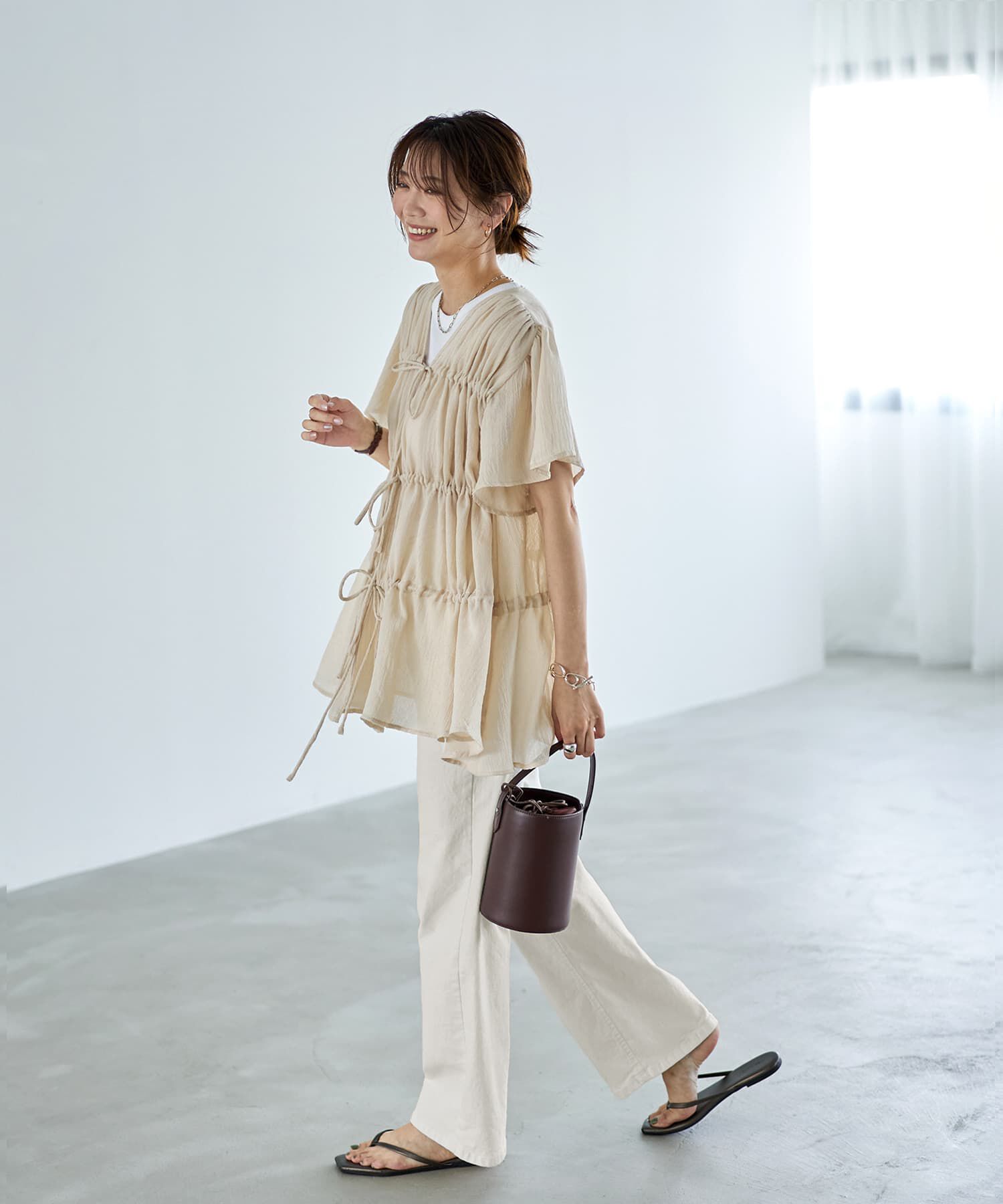 STYLE DELI「ダブルガーゼシフォンのリボン留めチュニックカーディガン」|シャツ・ブラウス|