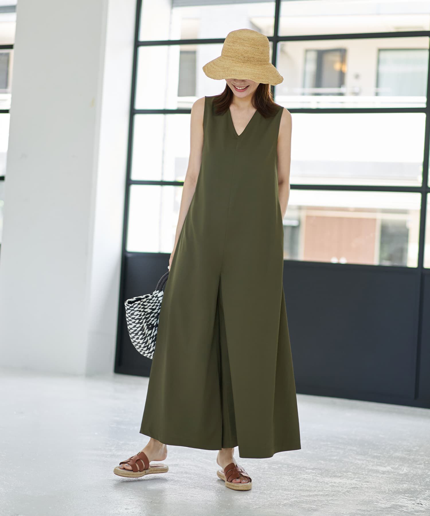 STYLE DELI「さらさらツイル生地スタイリッシュサロペット」|オールインワン|カーキ