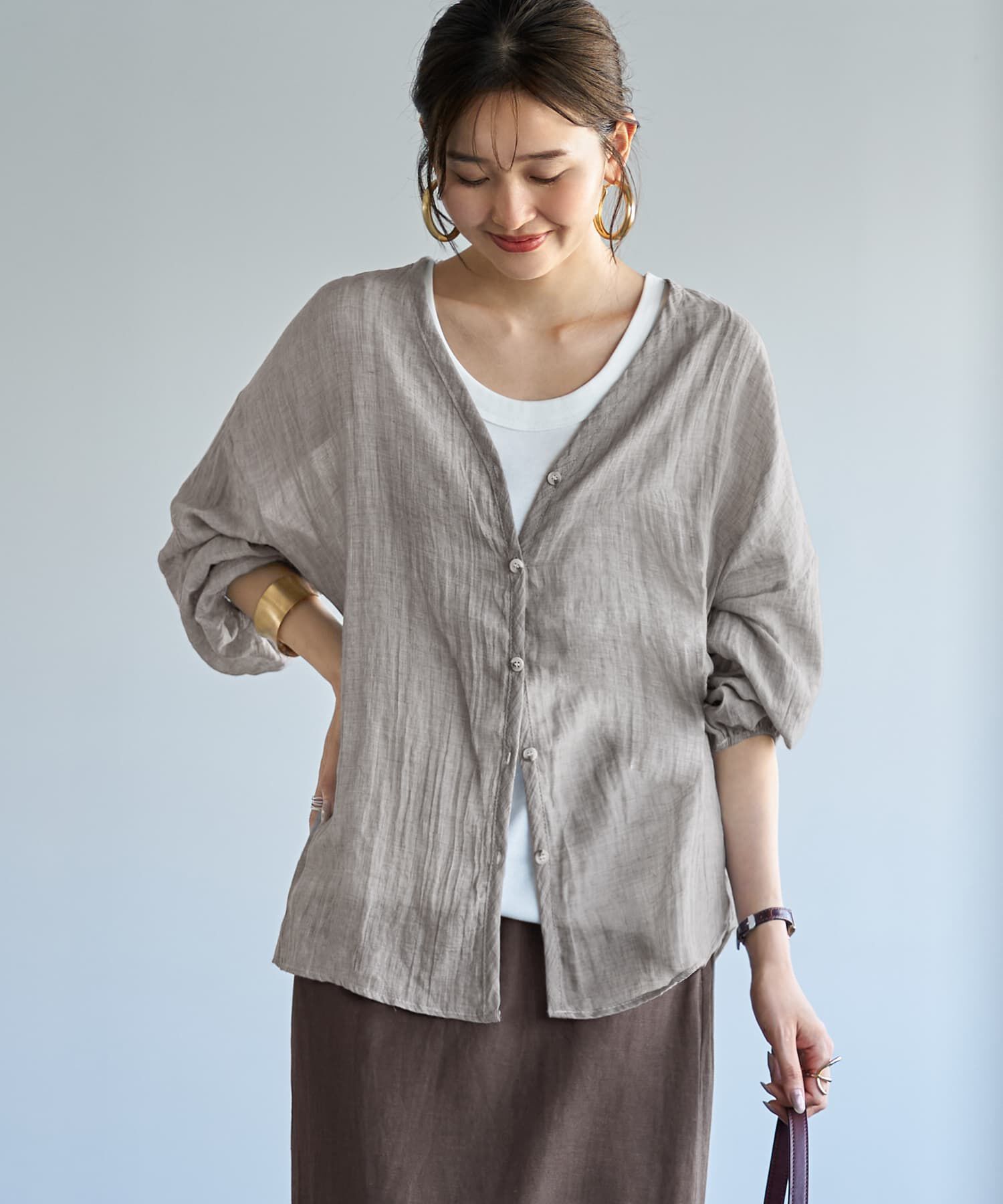 STYLE DELI「ラミー調風合い加工シャツカーディガン」|シャツ・ブラウス|グレーミックス