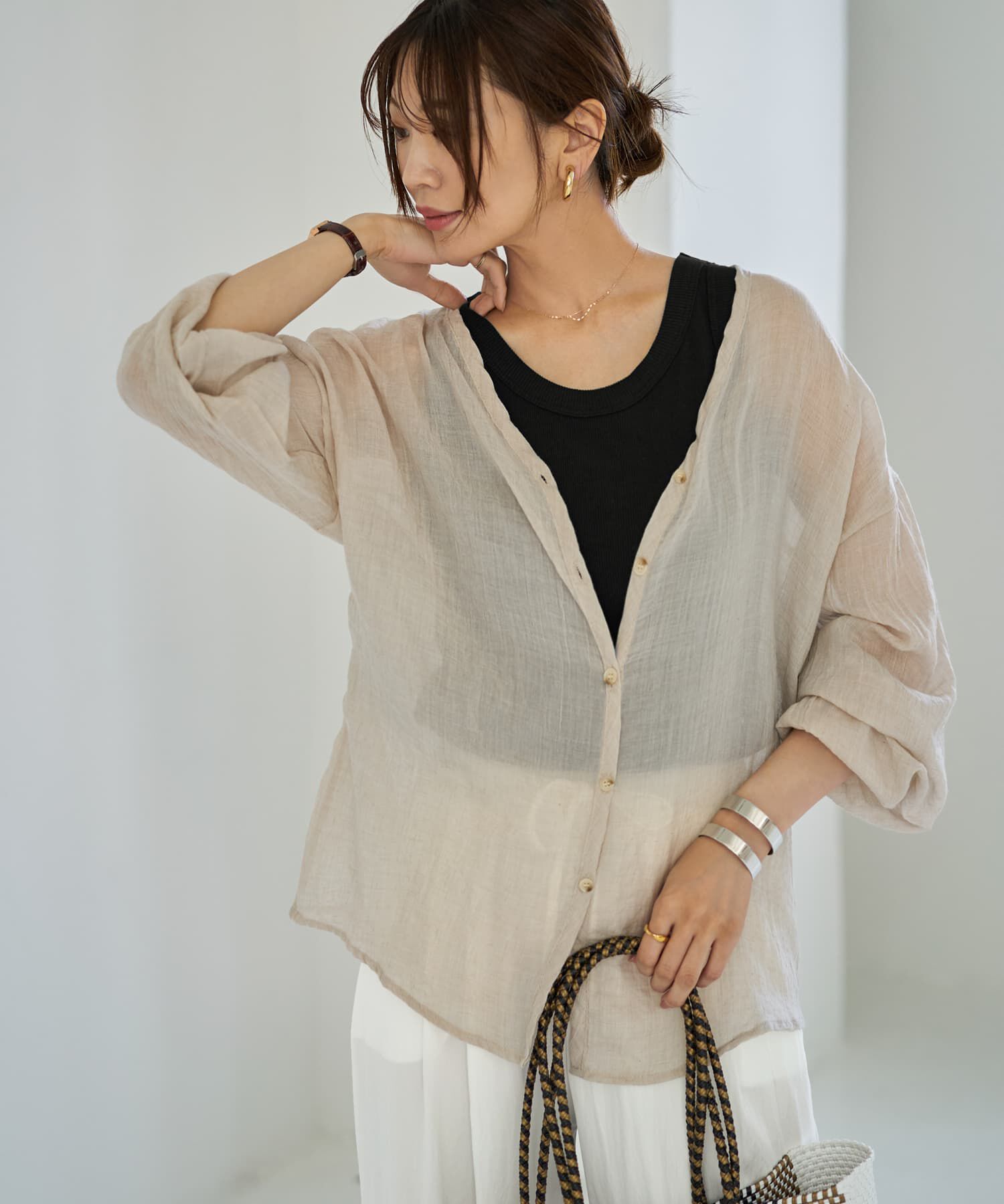 STYLE DELI「ラミー調風合い加工シャツカーディガン」|シャツ・ブラウス|グレージュ