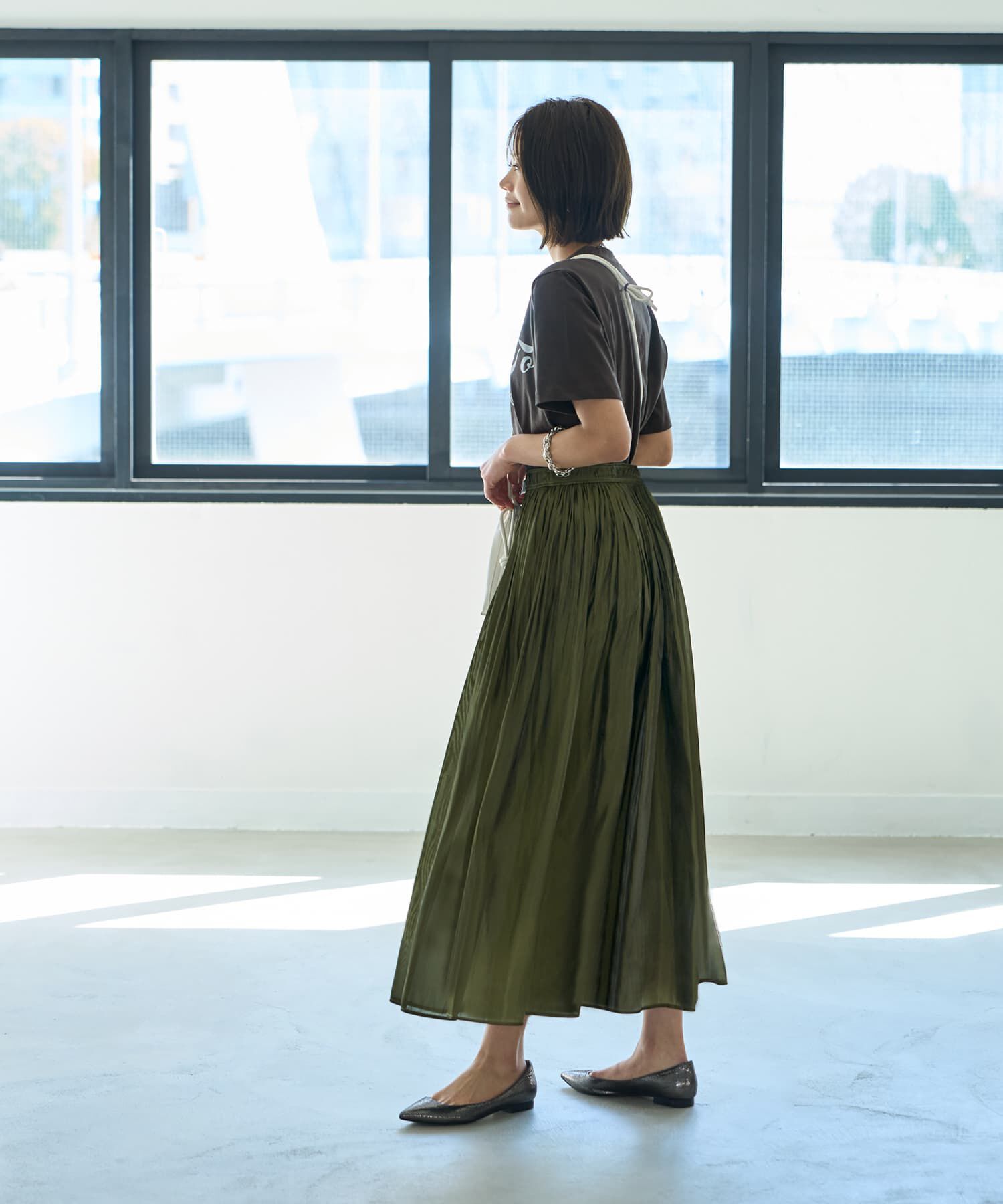 STYLE DELI「【LUXE】メタリックサテンギャザースカート」|フレア|