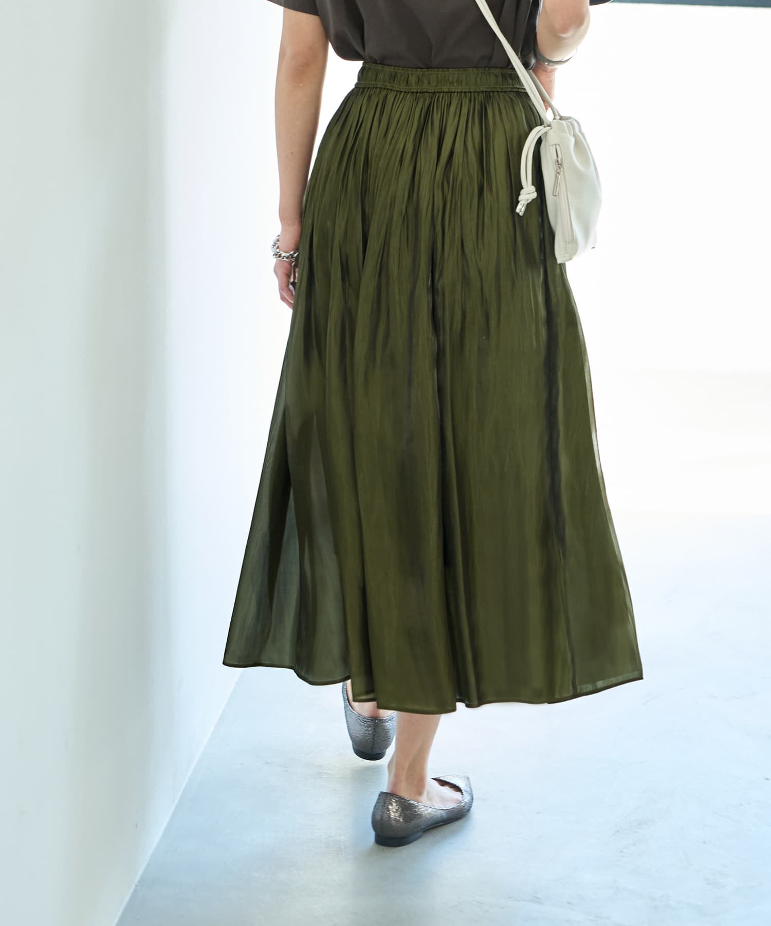 STYLE DELI「【LUXE】メタリックサテンギャザースカート」|フレア|