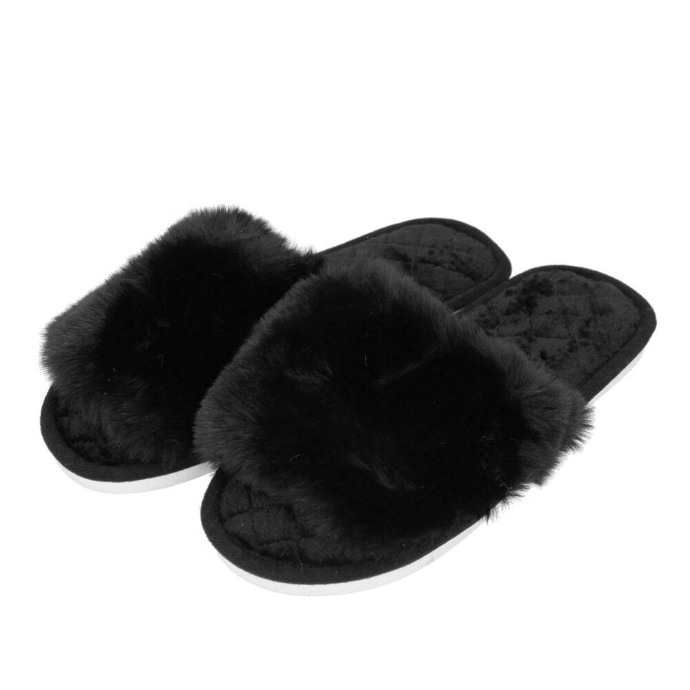 BACKYARD FAMILY「スリッパ おしゃれ 冬用 通販 ルームシューズ 冬 フェイク ファー レディース もこもこ」|ルームシューズ|ブラック1