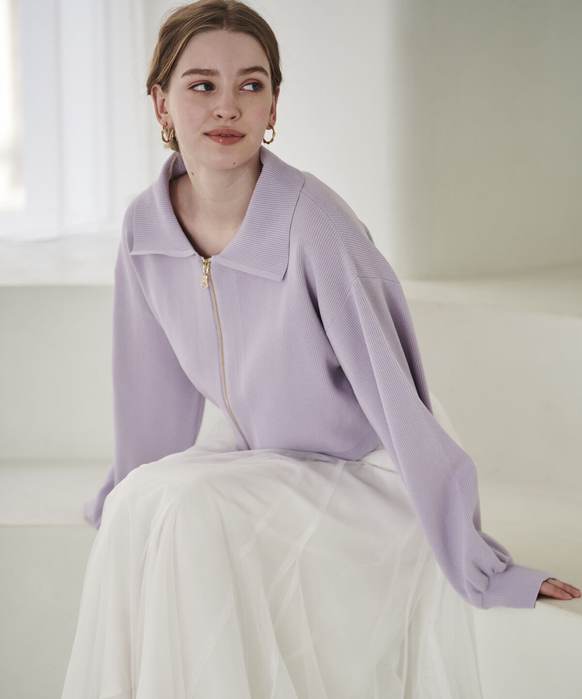 アンドクチュール「ダブルジップ片畦ニットブルゾン」|カーディガン|ラベンダー
