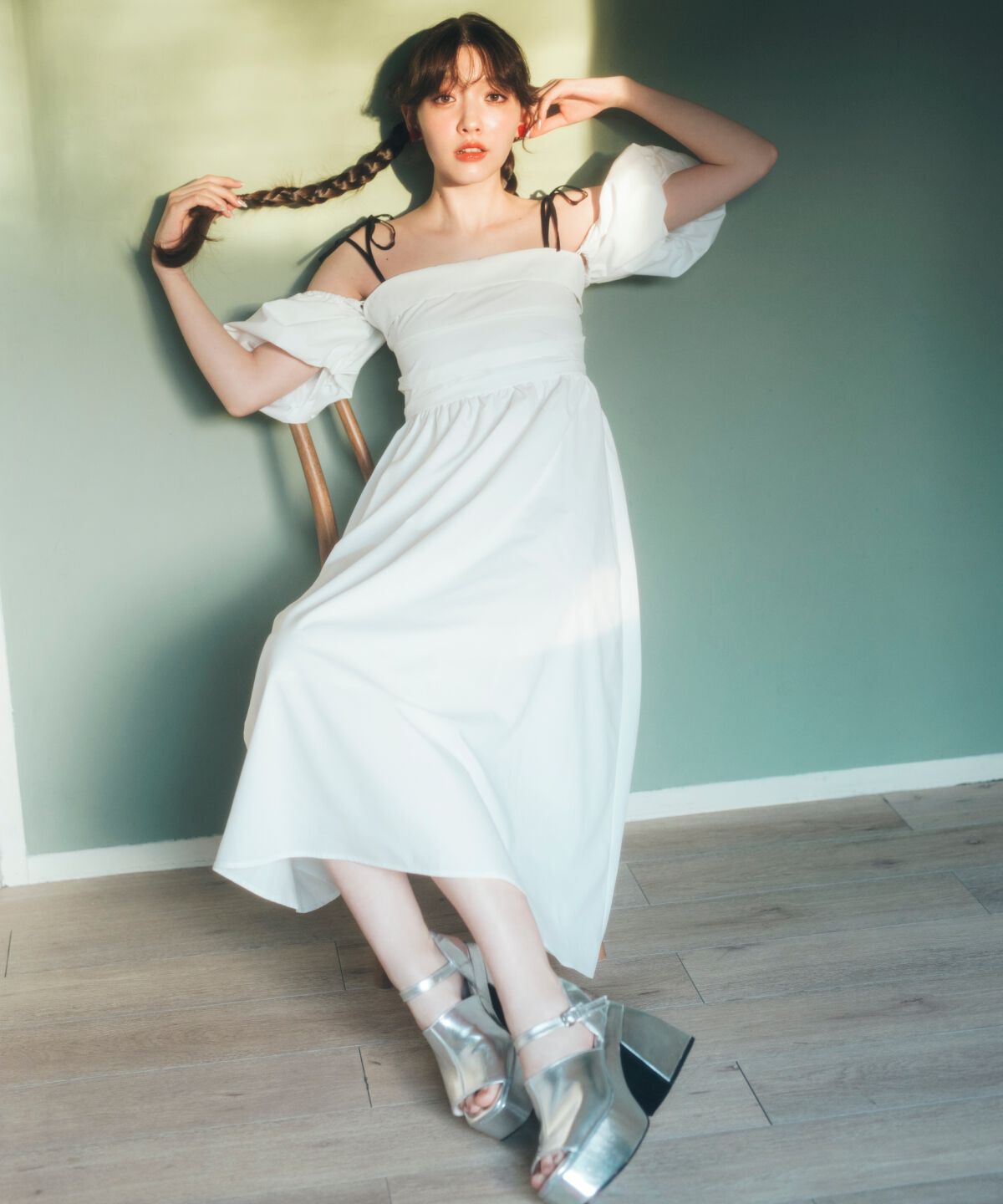 REDYAZEL「リボンショルダーオフショルロングワンピース」|ワンピース|