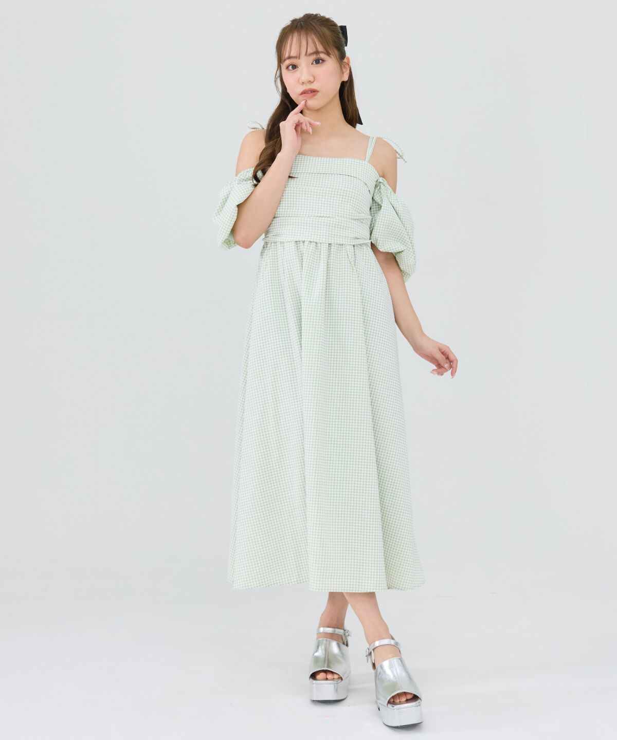 REDYAZEL「リボンショルダーオフショルロングワンピース」|ワンピース|ｸﾞﾘｰﾝ系ﾁｪｯｸ