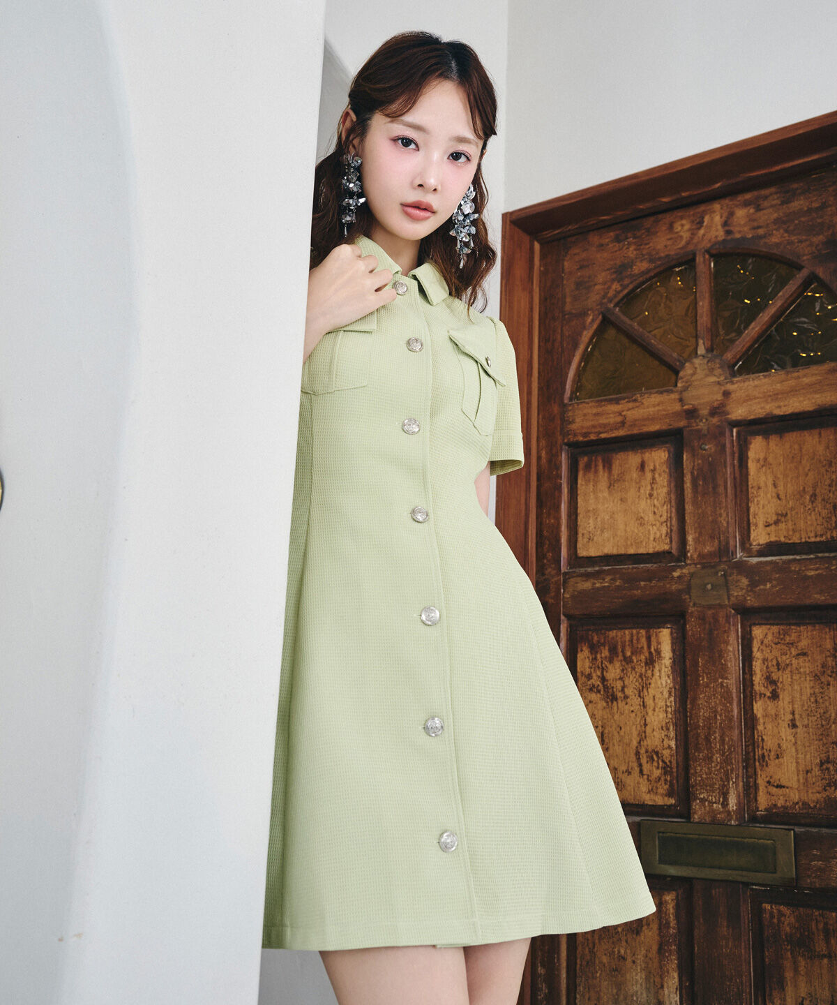 REDYAZEL「エンブレムボタンワッフルシャツワンピース」|ワンピース|