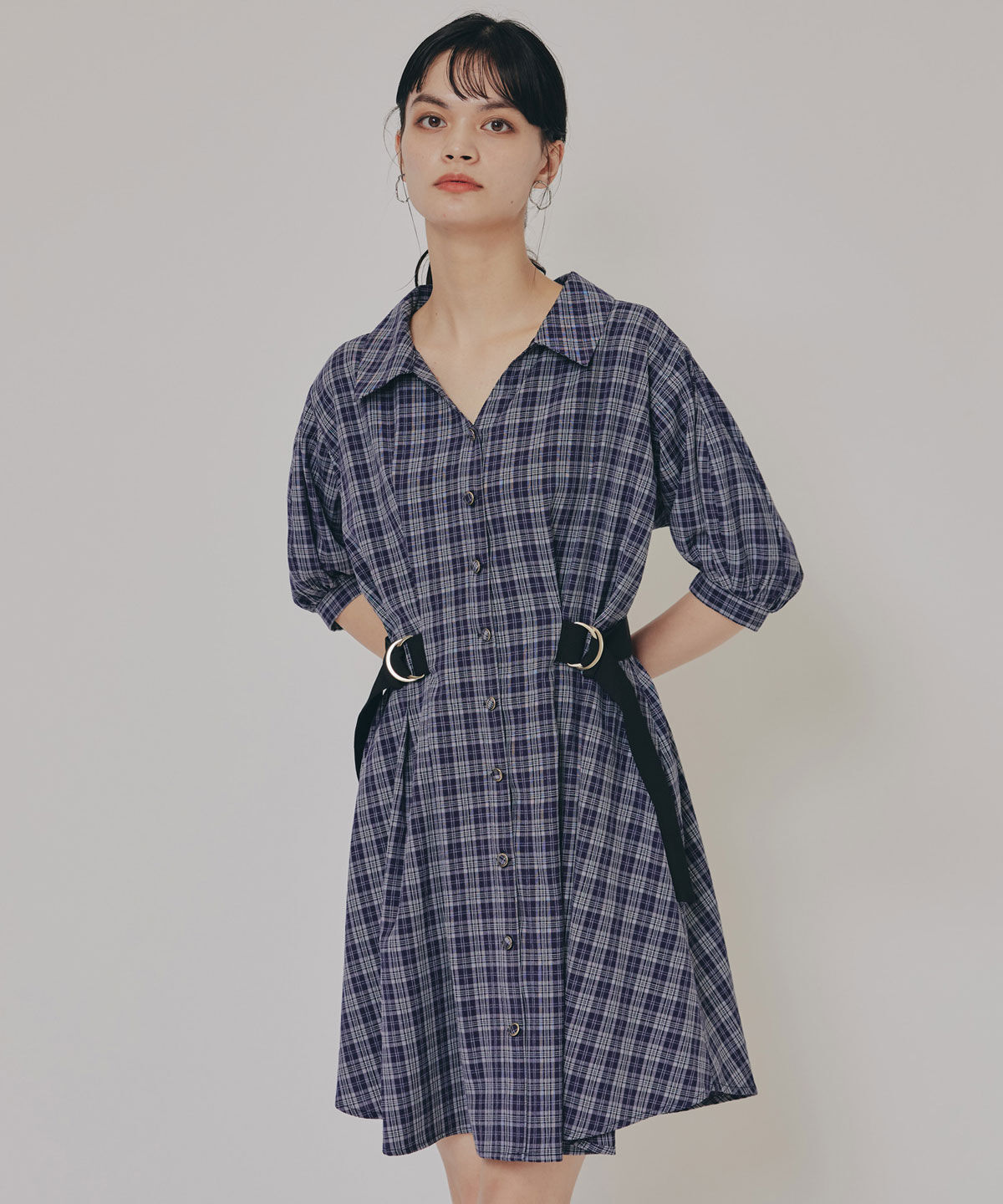 REDYAZEL「チェックバイカラーウエストベルトシャツワンピース」|ワンピース|