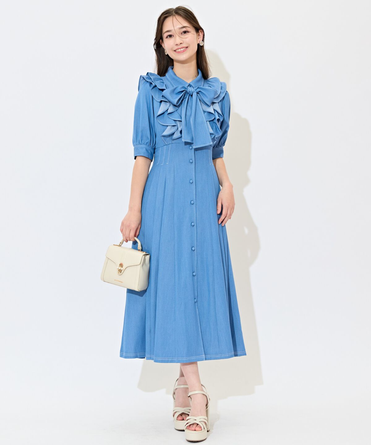 WILLSELECTION「ラッフルリボンタイシャツワンピース」|ワンピース|ブルー