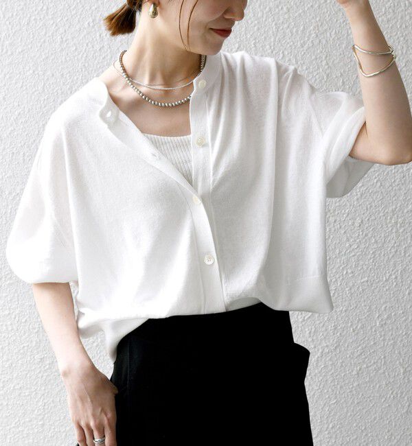 SHIPS any「SHIPS any:〈手洗い可能〉リネン ミックス ワイド パフ クルーネック シアー カーディガン」|カーディガン|ホワイト