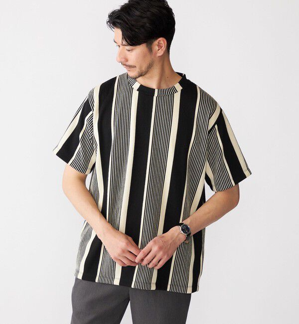 SHIPS「【WEB限定】SHIPS:〈吸水速乾〉ワンポイント ロゴ リップル ストライプ Tシャツ」|Tシャツ・カットソー|ブラック