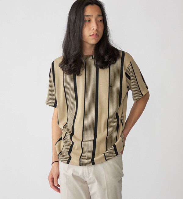 SHIPS「【WEB限定】SHIPS:〈吸水速乾〉ワンポイント ロゴ リップル ストライプ Tシャツ」|Tシャツ・カットソー|