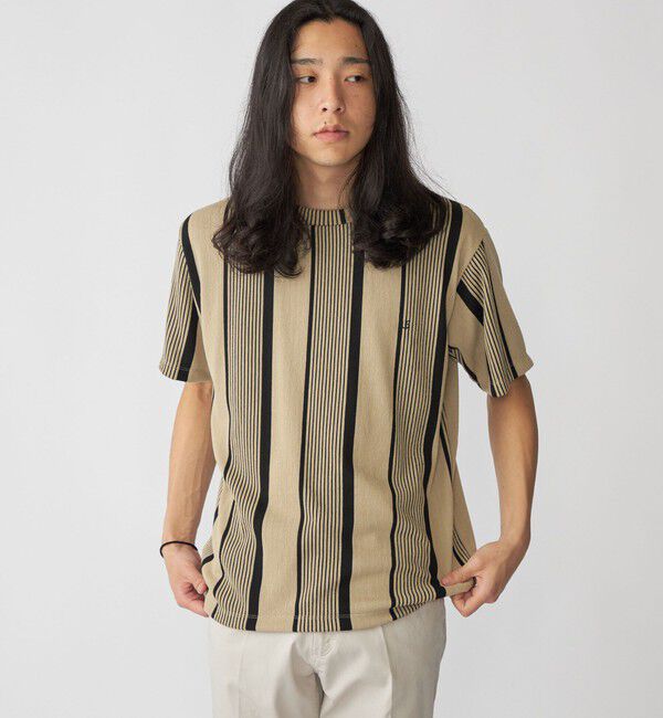 SHIPS「【WEB限定】SHIPS:〈吸水速乾〉ワンポイント ロゴ リップル ストライプ Tシャツ」|Tシャツ・カットソー|